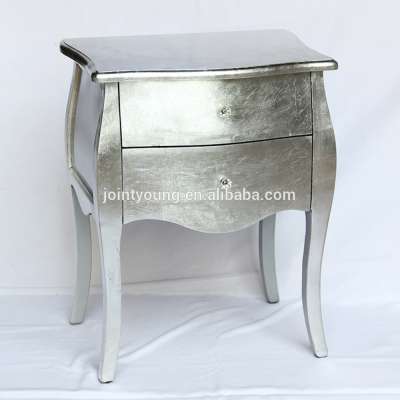 French style two drawer bedside wooden cabinet with silver foil