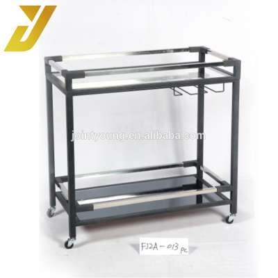 2-layer metal and mirrored side table with wheels glass table